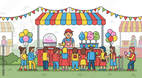 Happy people queuing for cotton candy at a colorful fairground stall with Ferris wheel