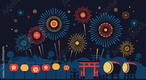 Japanese Summer Festival with Fireworks, Lanterns, and Taiko Drums