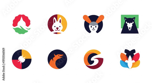 This diverse collection features eight unique, colorful concepts perfect for your brand identity. Each minimal logo acts as a creative abstract mark. Presented as a flat vector on a white background.