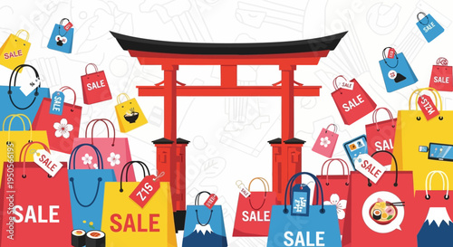 Japanese Torii Gate with Colorful Shopping Bags and Sale Tags, Japan Shopping Concept