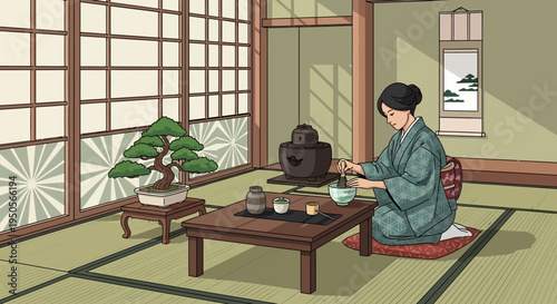 Japanese Woman Performing Traditional Tea Ceremony in Tatami Room with Bonsai