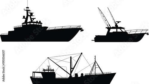 Fishing boat silhouettes set, commercial trawler and sport fishing vessels, marine industry ships vector illustration isolated on white background