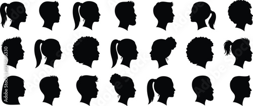 Diverse human head silhouettes, hairstyle variety, afro, bun, ponytail, curly hair, straight hair, profile icons, vector illustration, diversity
