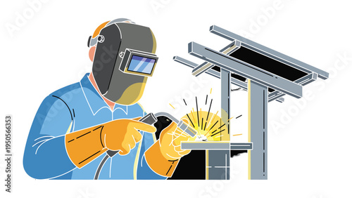 Welder at Work: A skilled welder, protected by a mask and gloves, expertly joins metal components together with a spark and fire, showcasing the precision and expertise involved in their craft.