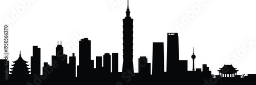 East Asian city skyline silhouettes, pagoda, Taipei 101, pavilion, skyscrapers, architecture, travel, tourism, heritage, culture, landmark, urban illustration