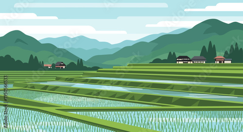 Serene Rice Terraces and Traditional Japanese Village in Lush Green Mountains