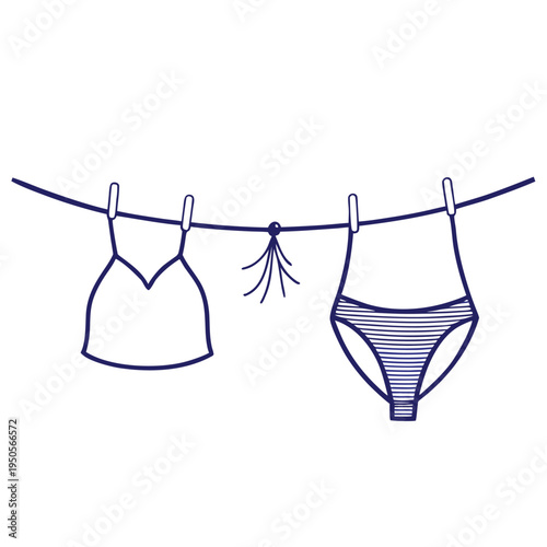 Minimalist Line Art Illustration of Summer Swimwear and Bikini Hanging on a Clothesline, Navy Blue Vector