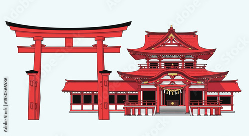 Vibrant Red Japanese Torii Gate and Traditional Shrine Building