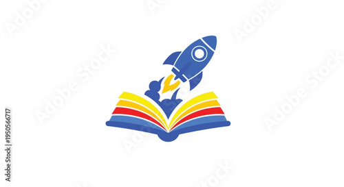 This vibrant flat vector graphic features a blue rocket launching from an open, colorful book. Isolated on a clean white background, this scalable icon is perfect for education startups and creative.