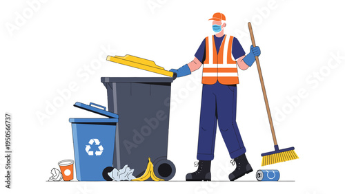 Street Cleanliness Advocate: A diligent worker wearing protective gear diligently cleans the streets. He diligently performs his duties to keep surroundings safe and hygiene.