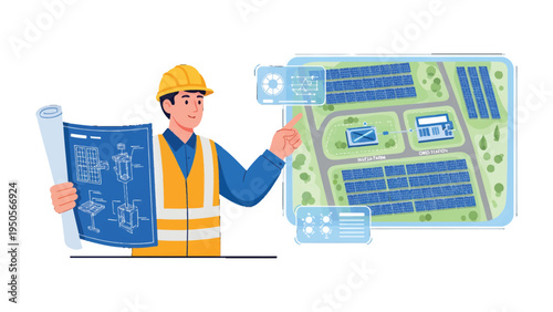 Solar Panel Architect: An architect examines the design of a solar panel installation, blending expertise and innovation to create a sustainable future.