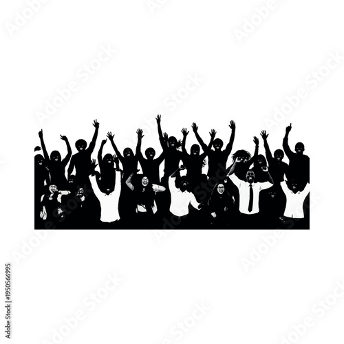 Silhouetted Crowd Raising Hands in Celebration.