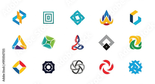 This versatile collection features fifteen unique geometric shapes perfect for diverse corporate branding. Each minimal logo serves as a colorful abstract mark. Set as a flat vector.