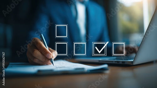 Business professional filling out forms and choosing options with holographic checklist interface