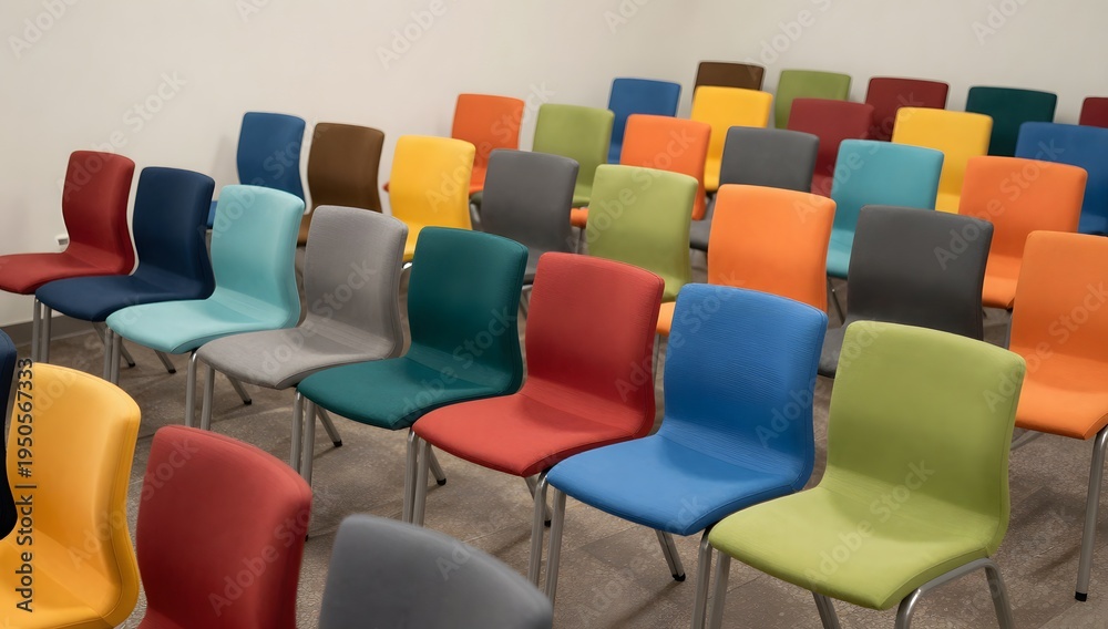 Fototapeta premium Rows of colorful chairs filling a bright waiting room space indoors
