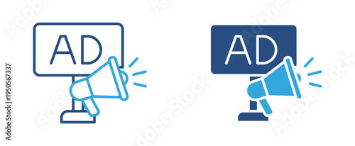 Advertising promotion icon set. Megaphone with ad sign icon, marketing campaign and digital promotion concept. Vector illustration.