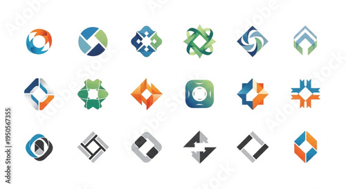 This versatile set features 18 modern, abstract geometric logo templates. The designs include interlocking shapes, dynamic arrows, and continuous loops in vibrant blue, orange, green, and grey tones. 