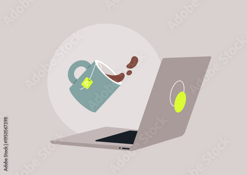 A colorful cup tips over, spilling tea onto a sleek laptop, adding an unexpected twist to a regular workday, This spill brings a mix of surprise and laughter in a cozy home office.