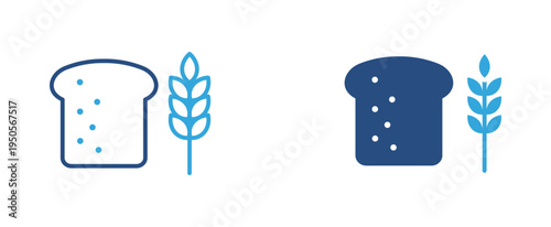 Bread and wheat icon set. Bread slice with wheat grain icon, bakery food and agriculture concept. Vector illustration.