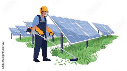Solar Panel Maintenance: A worker tends to the sustainable solar panels in field. Focus on the green power field.
