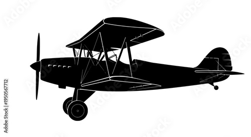Airplane vintage biplane with black silhouette and white outlines flying through sky featuring aircraft, plane,