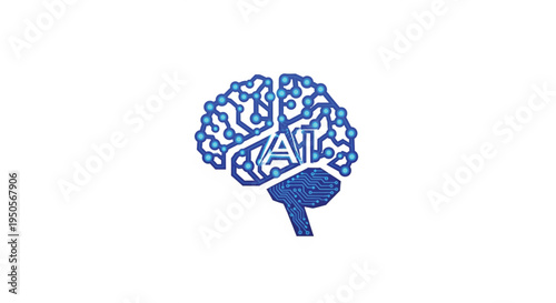 Elevate your tech brand identity with this minimal logo featuring an intricate blue circuit board brain and AI text. Ideal for machine learning companies, this flat vector on a white background.