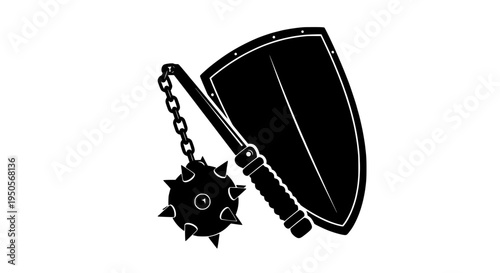 Shield medieval with spiked ball and chain flail, black silhouette icon featuring graphic, illustration, armor with