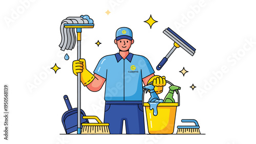 Custodian with Equipment: An illustration of a dedicated custodian, surrounded by cleaning essentials, embodies the spirit of cleanliness and professional maintenance.