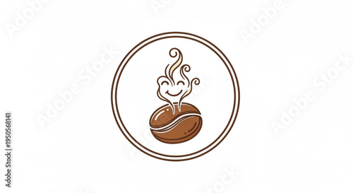 This minimal logo features a friendly brown coffee bean with steaming vapor forming a cute smiling face, perfectly enclosed within a clean double-circle frame. Ideal for coffee shops, cafes.