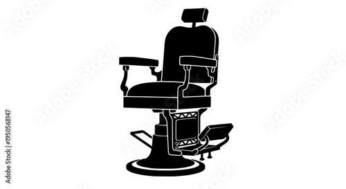 Chair barber with adjustable headrest and footrest, black silhouette featuring haircut, grooming, salon with icon and
