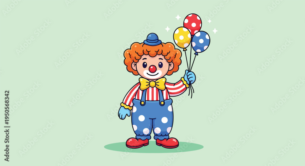 Naklejka premium Cute Cartoon Clown Holding Balloons.