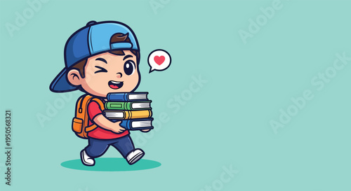Cute cartoon boy with backpack carrying books winking and a heart bubble.