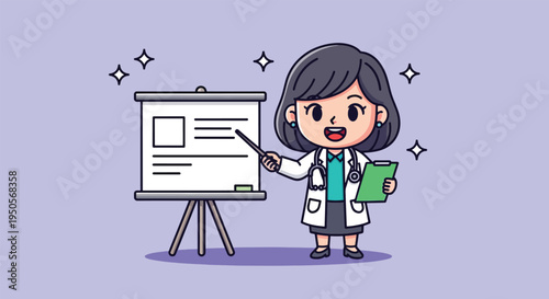 Cute Cartoon Doctor Explaining Medical Concepts on Presentation Board.