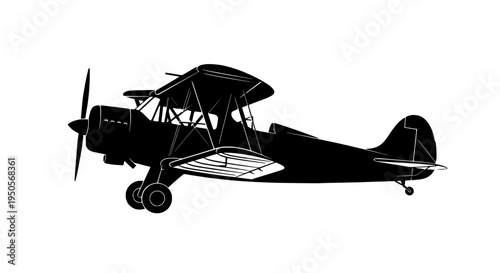Airplane biplane with open cockpit and propeller, black silhouette graphic featuring illustration, vehicle, aircraft