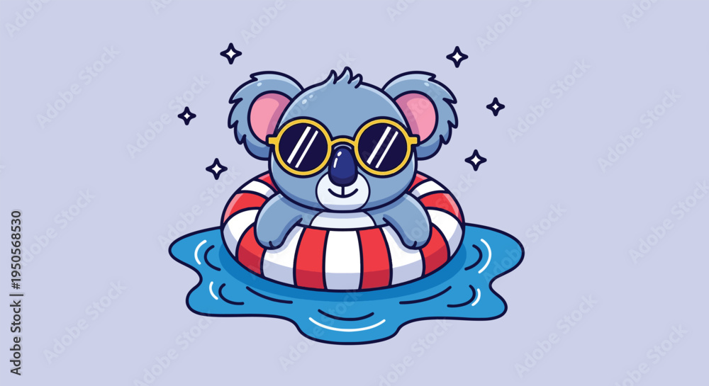 Fototapeta premium Cute Koala Wearing Sunglasses and Floating on an Inflatable Ring in Water.
