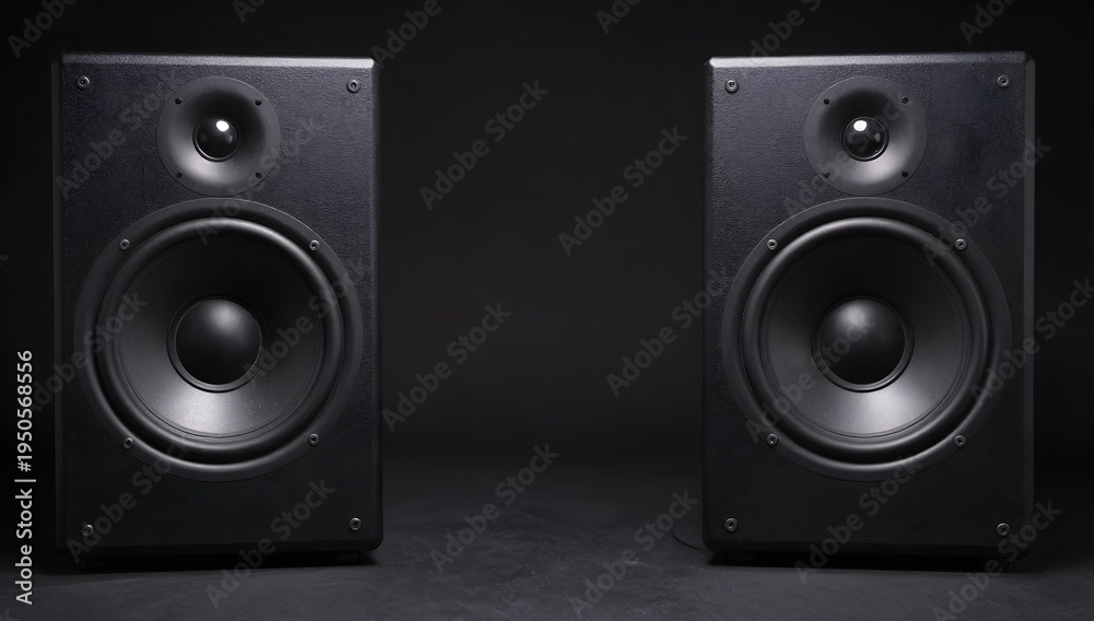 Fototapeta premium Two black speakers sit side by side against a dark background in a studio setting