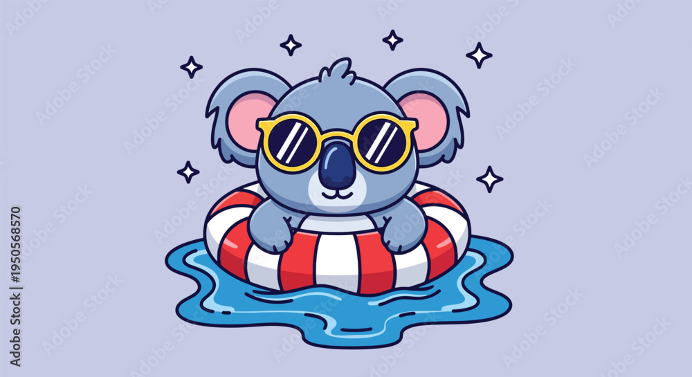 Fototapeta premium Cute Koala Wearing Sunglasses Floating on a Swim Ring in Water.