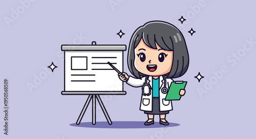 Cute Female Doctor Presenting Medical Information on Whiteboard.