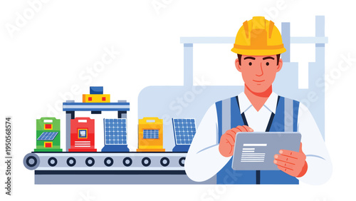 Quality Control in Factory: A diligent factory worker inspects products on an assembly line with a tablet, symbolizing precision and excellence in manufacturing.