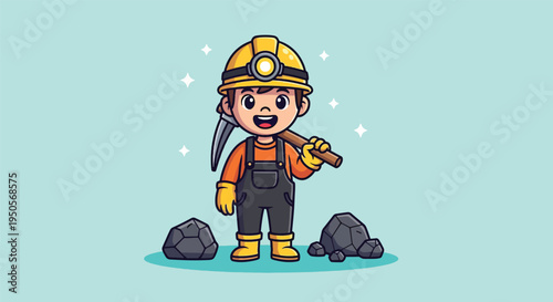 Cute Little Miner with Pickaxe and Rocks.