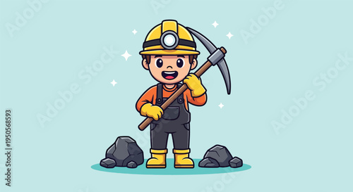 Cute Miner Cartoon Character with Pickaxe and Rocks.