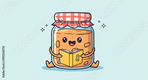 Cute Peanut Butter Jar Character Reading a Book Vector Illustration.