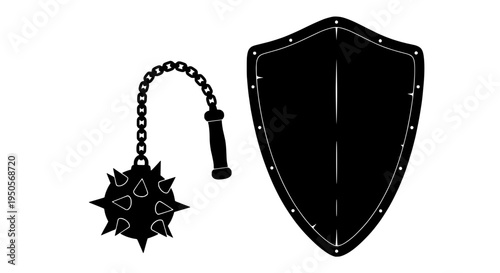 Mace and shield medieval combat set with spiked ball and chain, black silhouette featuring vector, graphic, resource