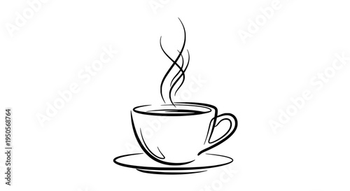 Cup coffee icon with steam rising from black line drawing on white featuring hot beverage, morning drink, saucer with