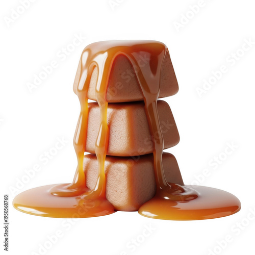 Stack of caramel candies with drizzled caramel sauce isolated on transparent background