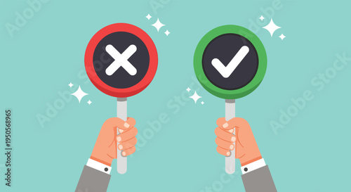 Hands holding right and wrong signs decision making concept.