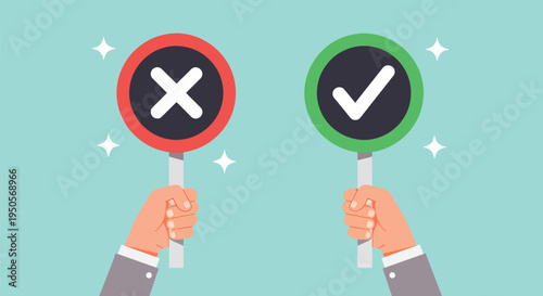 Hands holding right and wrong signs decision making concept Vector Illustration.