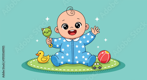 Happy baby boy playing with toys on a mat adorable infant in blue pajamas.