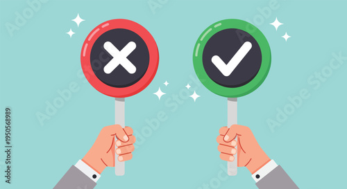 Hands Holding Right and Wrong Signs for Decision Making Vector Illustration.