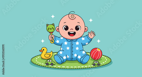 Happy Baby Boy Playing with Toys on a Mat.